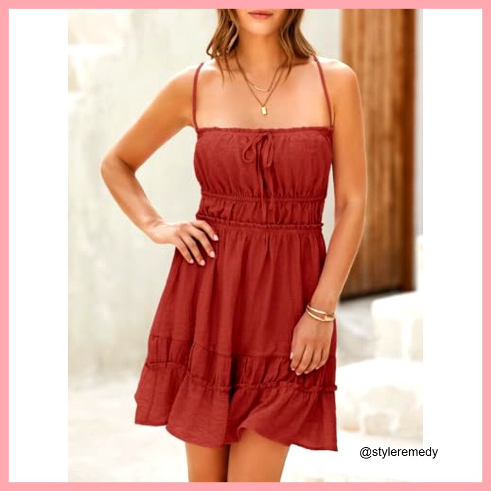 Spaghetti Strap Mini Dress Backless Tie Ruffle Beach Sundress Summer - Picture 4 of 7